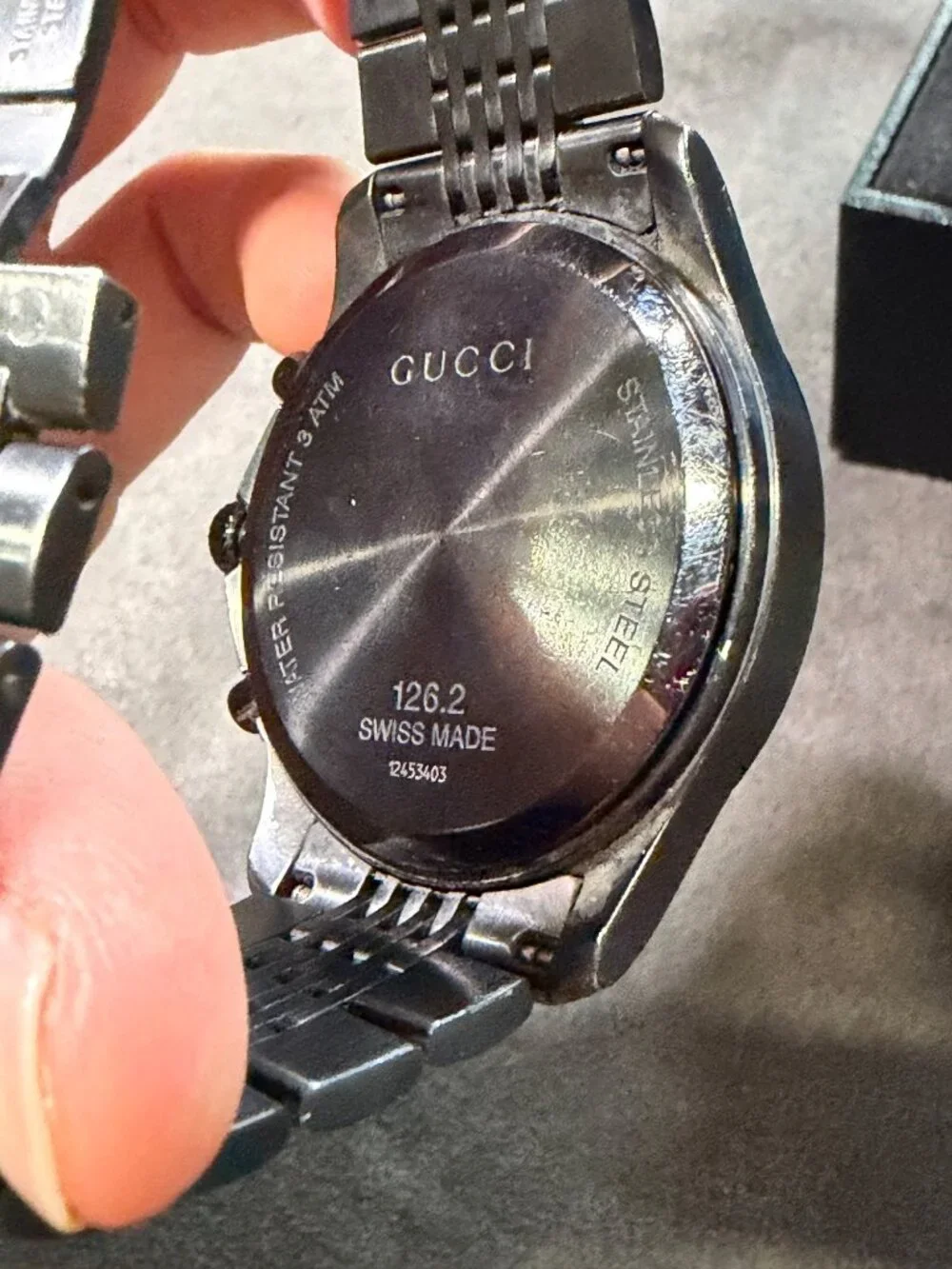 Gucci Swiss Made Mens Black Stainless Steel Chronograph Watch 126.2 With Box